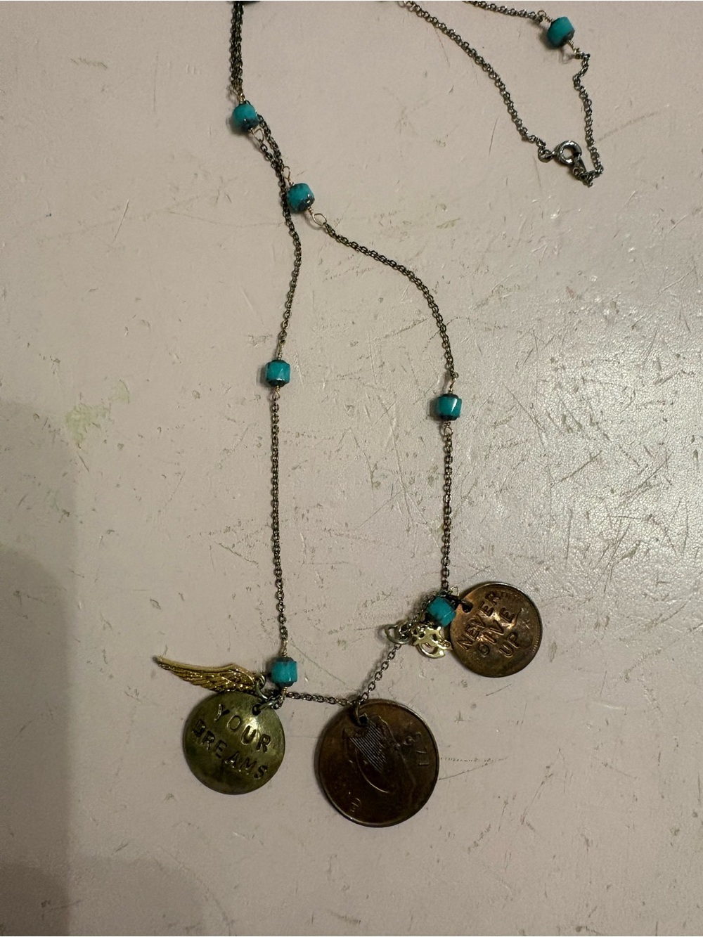 Women’s Turquoise Bead Coin Charm Necklace - Inspirational Pendant